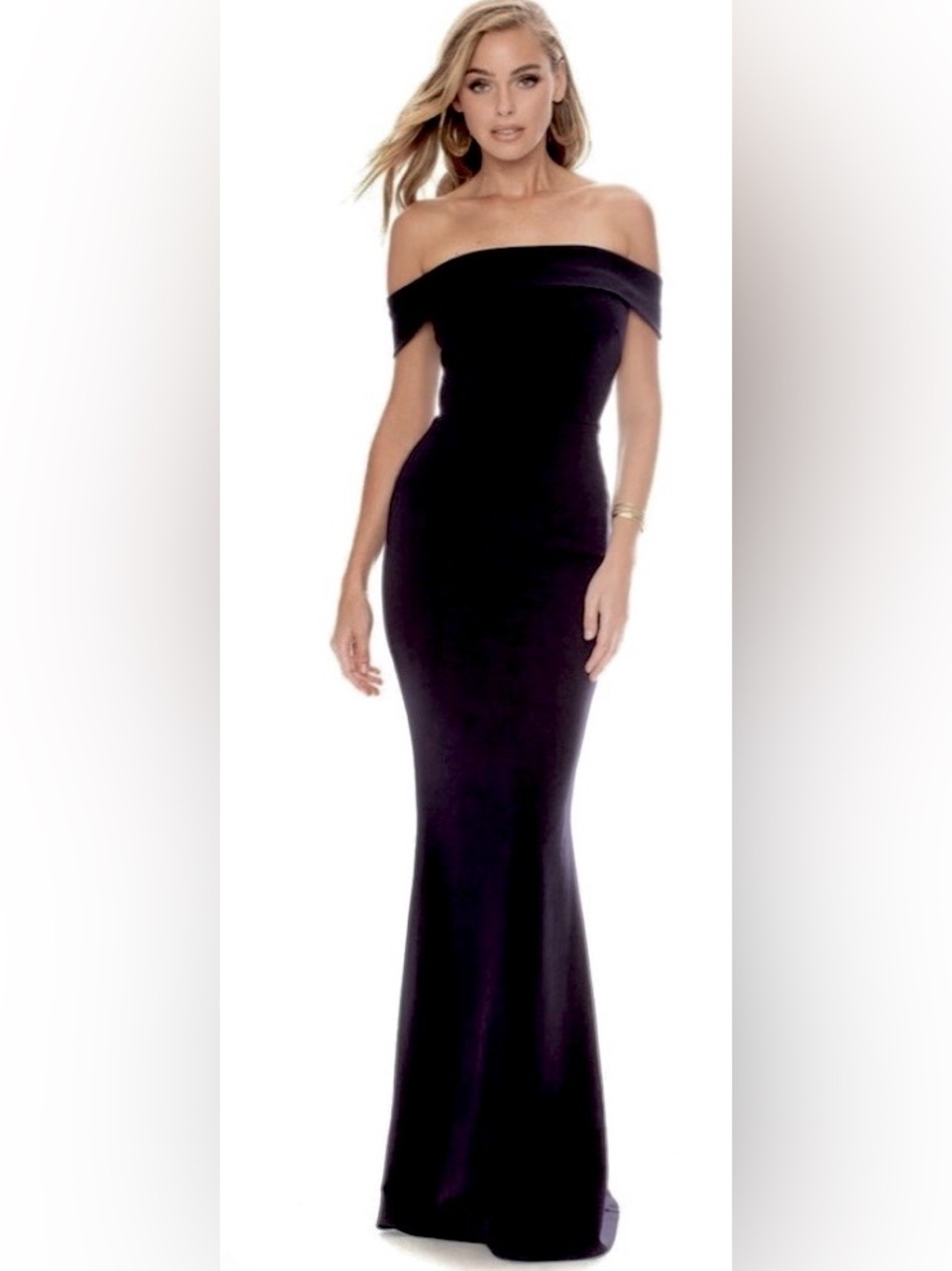 Katie May Off/One Shoulder Black Crepe Legacy Bodycon Gown w Back Cutout